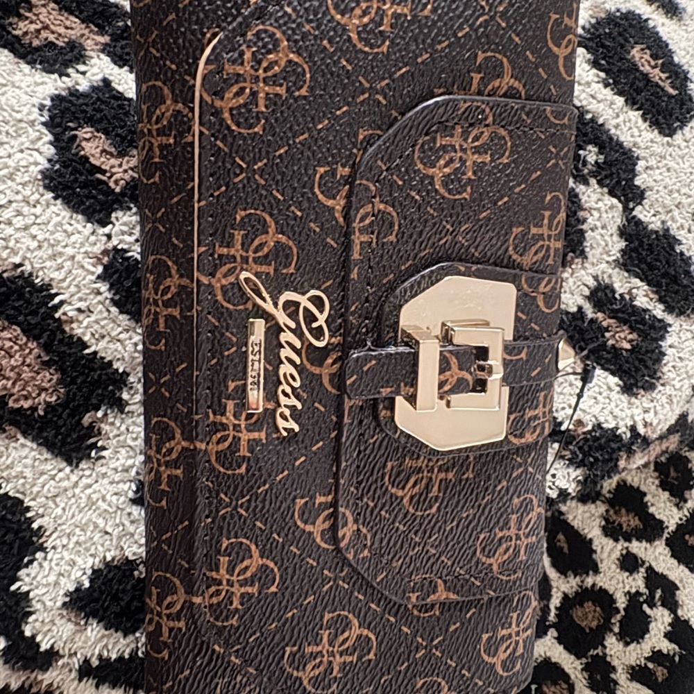 Guess Beige and Brown Logo Trifold Wallet